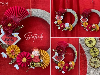 Vòng treo cửa Tết vải bố quạt xếp Mèo Thần Tài [2 Kiểu] ĐK 35cm VTC-T-48